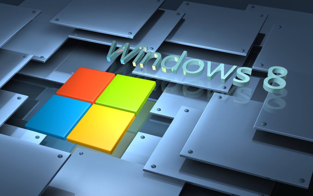 Windows 8 logo vibrant primary colors on industrial gray steel tile background digital wallpaper