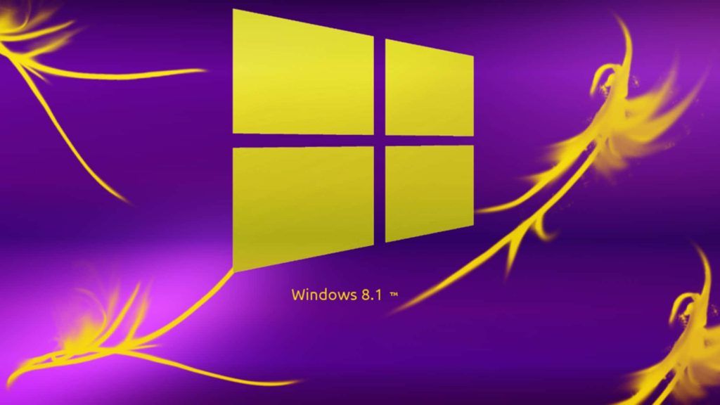 Windows 8.1 wallpaper with yellow four-pane logo and sweeping yellow strokes on purple background