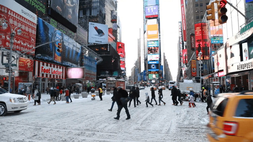 Vibrant Winter Times Square Scene: Colorful Street Wallpaper