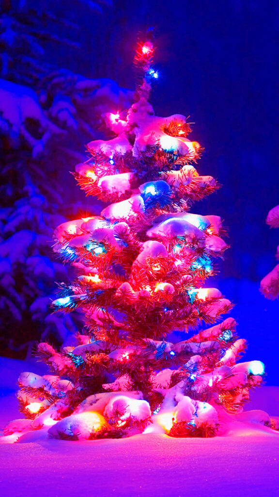 Vibrant Winter Wonderland: Snowy Tree with Colorful Christmas Lights Wallpaper