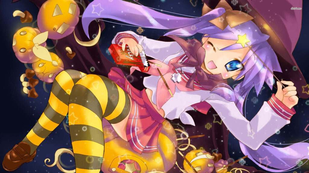 Whimsical Witch Anime Wallpaper: Colorful Halloween Delight