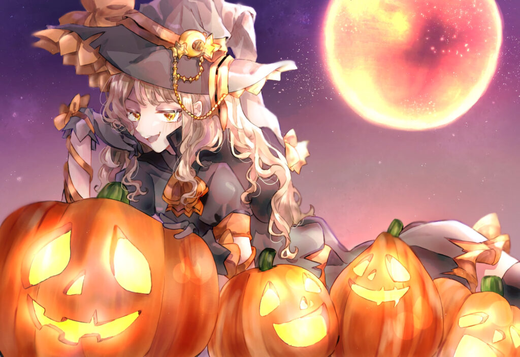 Whimsical Witch Girl Anime Wallpaper with Pumpkins & Full Moon