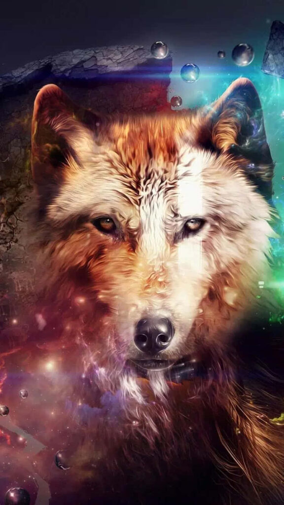 Vibrant Wolf Phone Wallpaper: Mystical Colors & Cosmic Elements