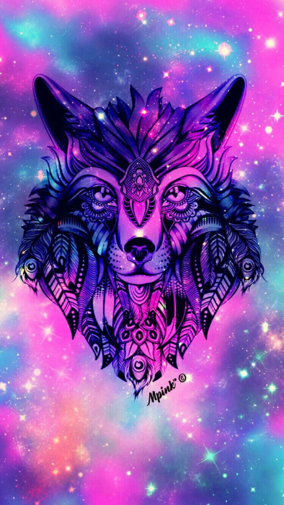 Stylized Wolf Wallpaper: Cosmic Pink & Purple Dreamscape Background