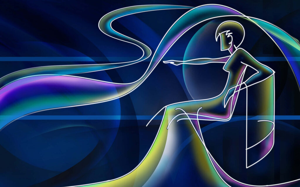 Dynamic Woman Silhouette Wallpaper: Blue Dress & Rainbow Skirt Design