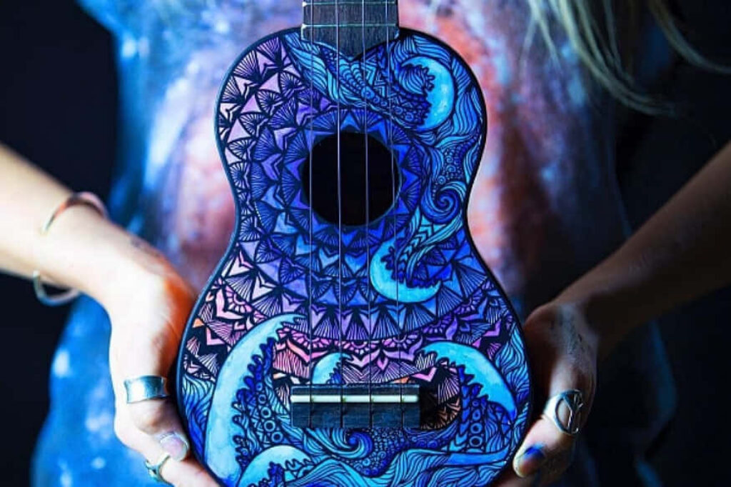 Vibrant Nature-Inspired Ukulele Wallpaper: Artistic Woman & Colors
