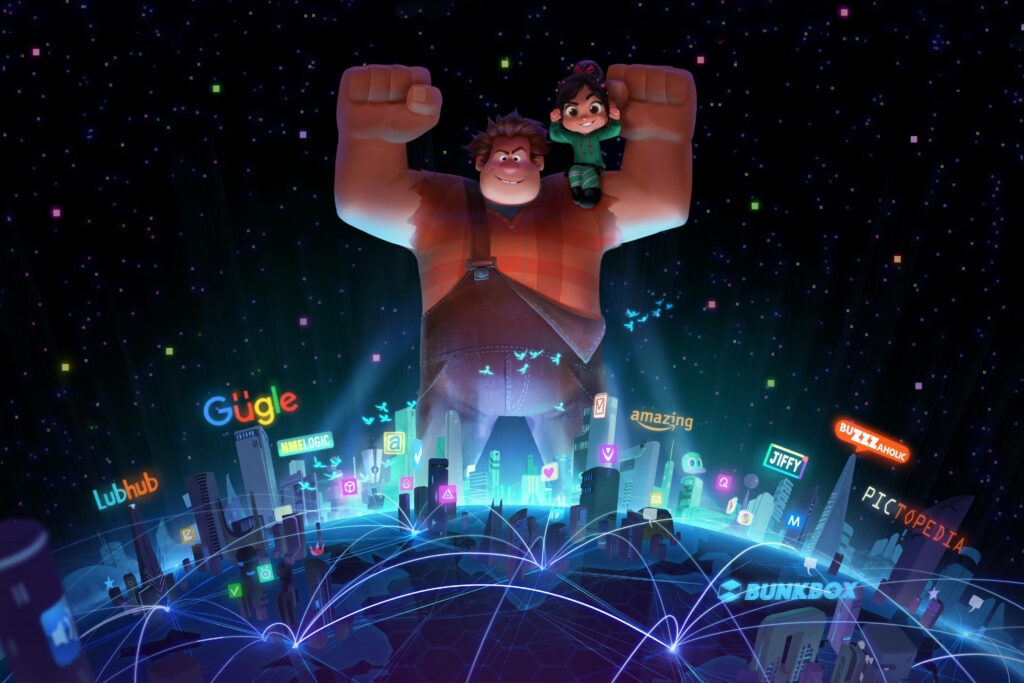 Wreck-It Ralph Wallpaper: Ralph & Vanellope in a Digital Cityscape