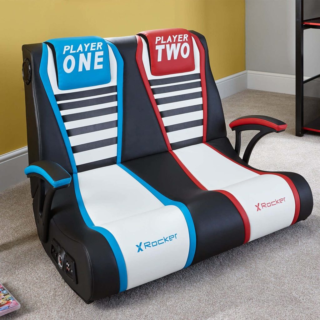 X Rocker double gaming chair wallpaper with Player One blue and Player Two red accents on leather