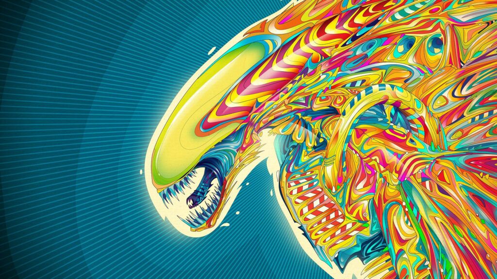 Vibrant Xenomorph Wallpaper: Psychedelic Cosmic Background Art
