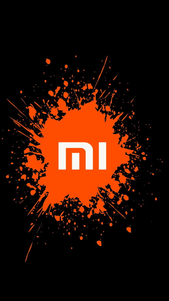 Xiaomi wallpaper with white mi logo on vibrant orange paint splash and black modern background