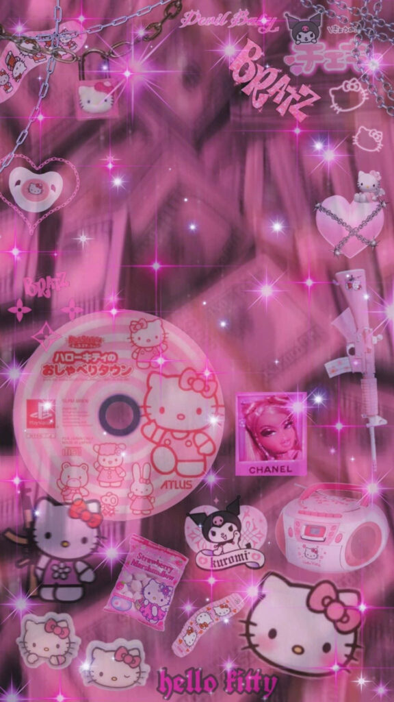 Vibrant Y2K Hello Kitty Wallpaper Collage with Cute Accessories