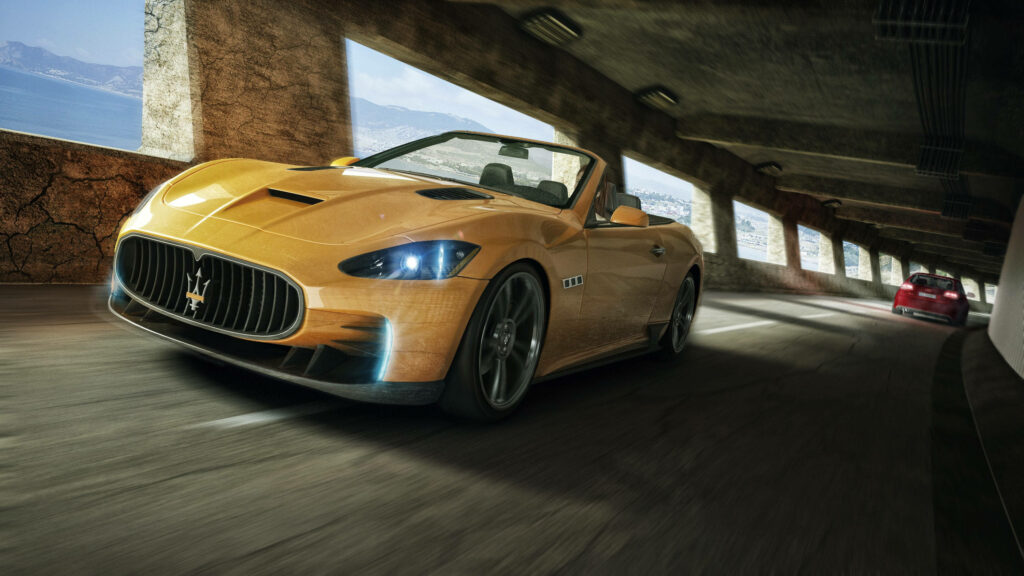 Vibrant yellow 3D car racing through sunlit tunnel luxury sports car dynamic motion wallpaper
