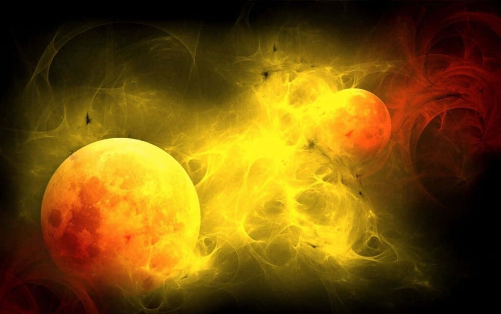 Vibrant Yellow Abstract Wallpaper with Celestial Orbs & Cosmic Energy