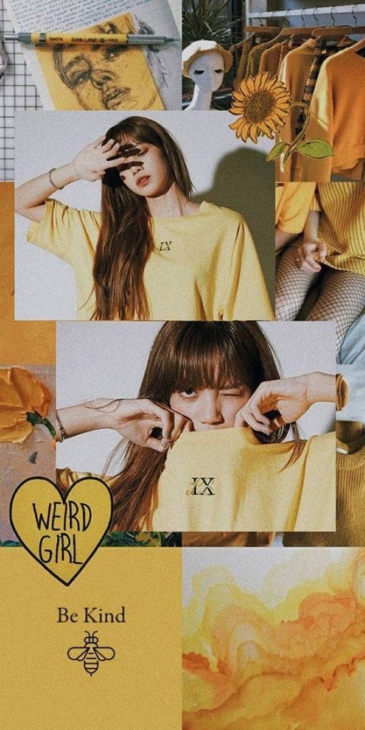 Vibrant yellow BLACKPINK Lisa collage wallpaper with sunflowers Weird Girl heart K-pop fan art