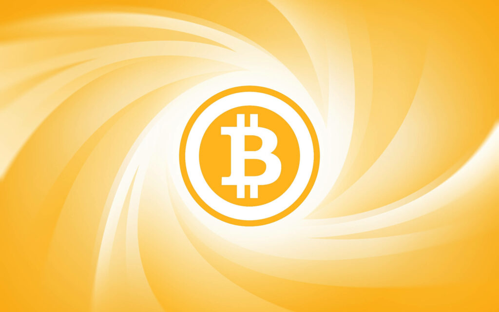 Vibrant yellow Bitcoin logo wallpaper with swirling digital background modern crypto design