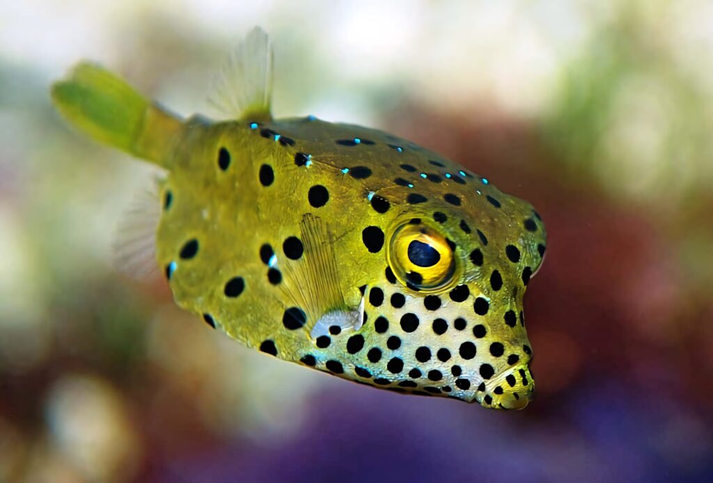 Close-up of vibrant yellow black spotted boxfish swimming in colorful underwater marine wallpaper