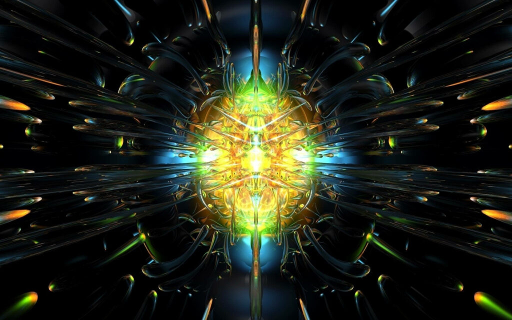 Vibrant yellow blast with green and gold crystal shards futuristic metallic abstract wallpaper