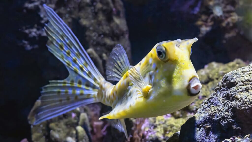 Vibrant yellow boxfish swimming amidst colorful coral and rocks in high resolution aquarium wallpaper