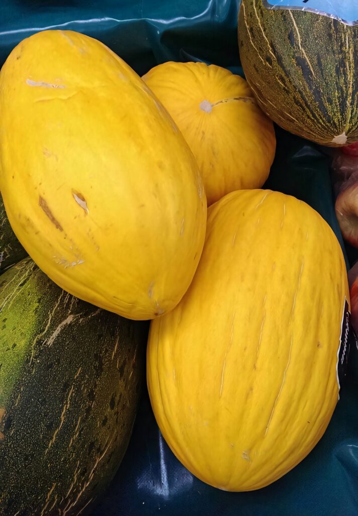 Vibrant yellow canary melons with textured rinds on dark background summer produce wallpaper
