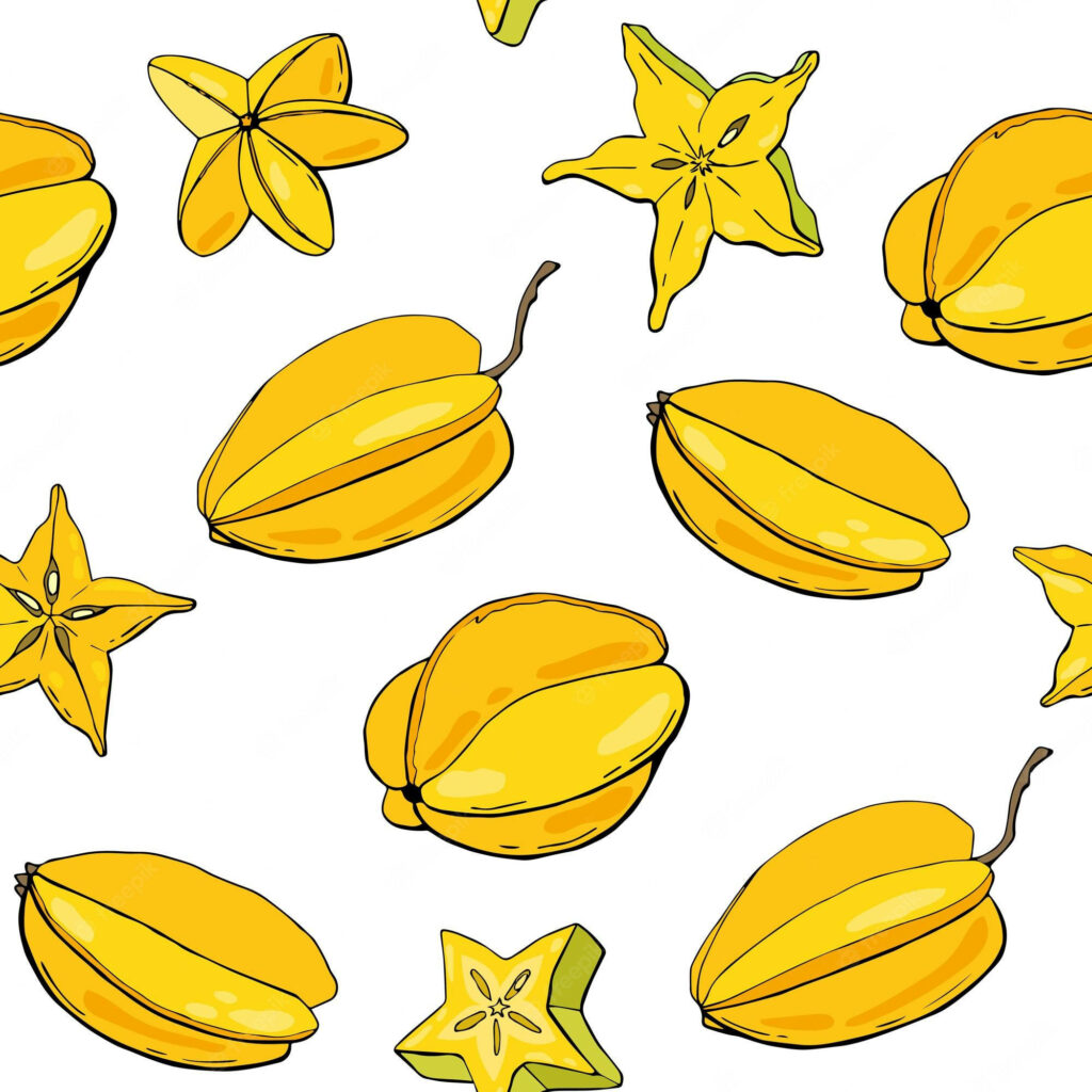 Vibrant yellow carambola starfruits whole and sliced on white background tropical fruit pattern Wallpaper