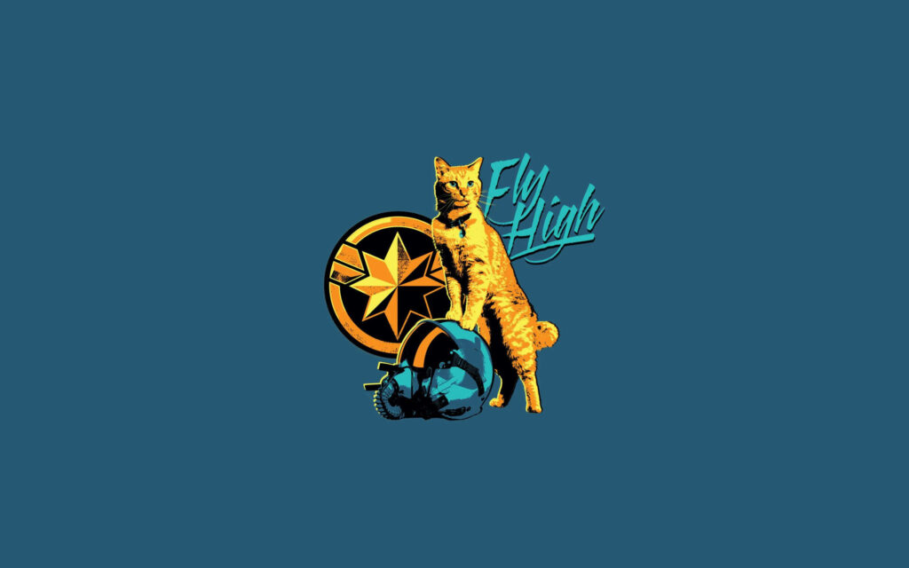 Vibrant Yellow Cat with Star Emblem: 'Fly High' in Teal on Blue Wallpaper