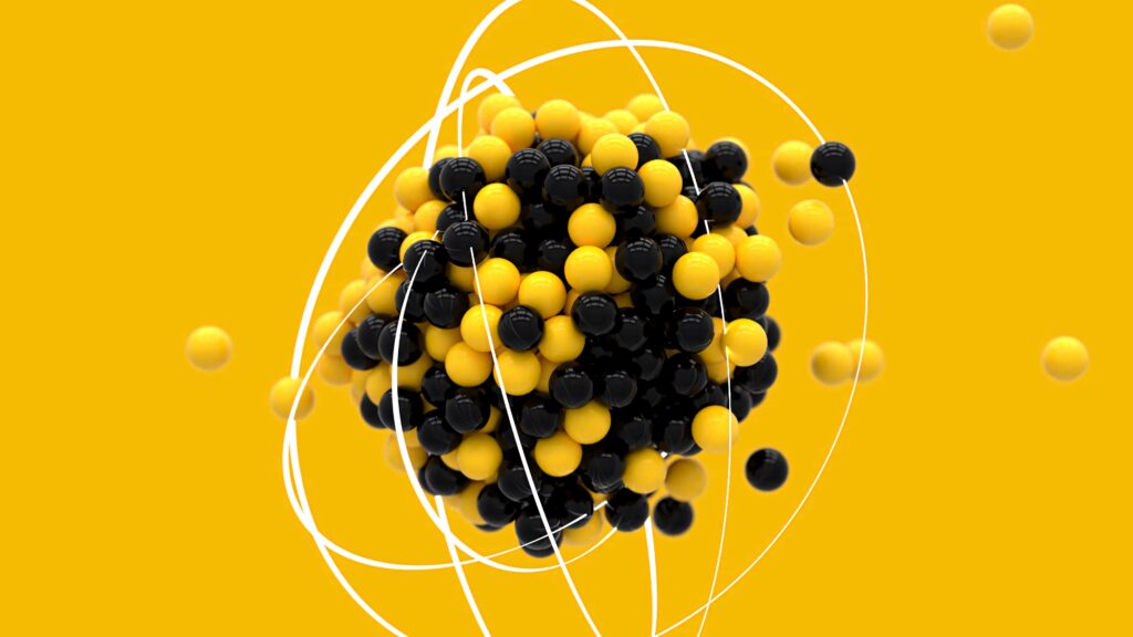 Vibrant yellow chemistry wallpaper with 3D atomic model showing protons neutrons and electrons