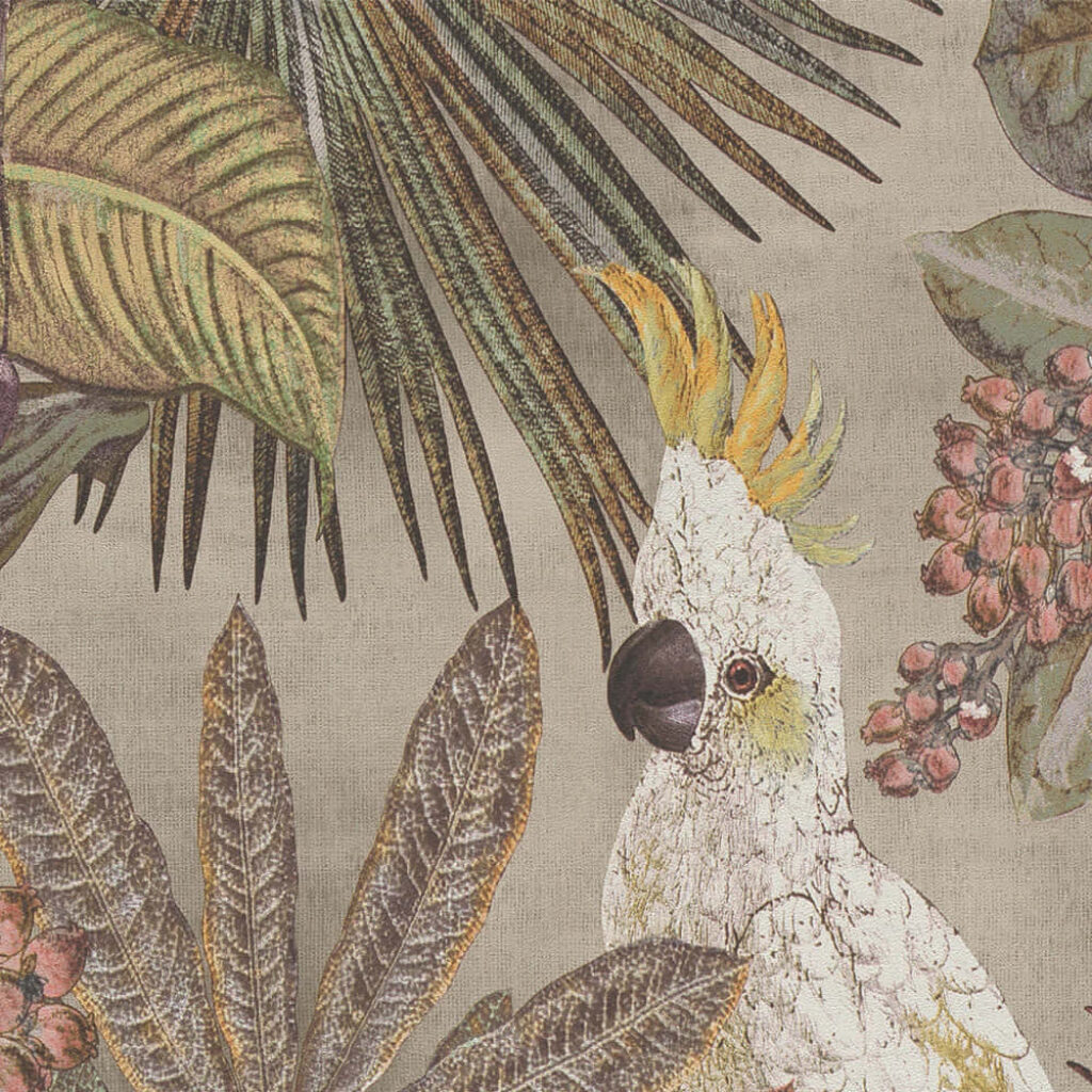 Vintage botanical wallpaper with vibrant yellow-crested cockatoo and lush tropical leaves