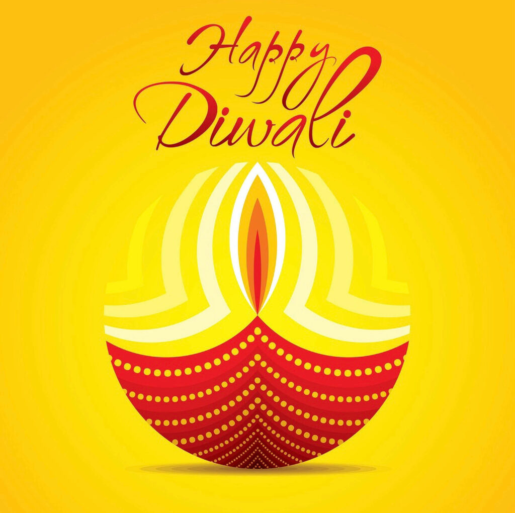 Vibrant yellow Diwali wallpaper with intricate red and yellow diya design and festive patterns