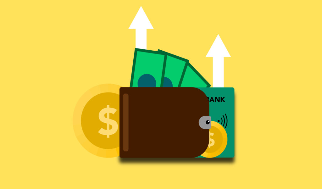 Vibrant Yellow Wallpaper: Wallet, Coins & Arrows for Financial Growth