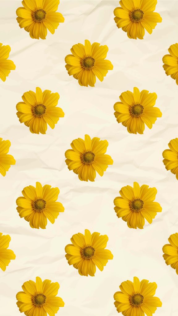 Minimalist yellow flower pattern on textured off-white crumpled paper background wallpaper