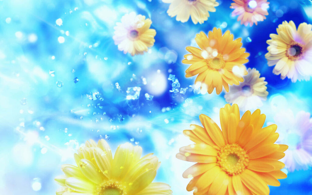 Vibrant Yellow Flowers on Ethereal Blue Background: Springtime Bliss Wallpaper