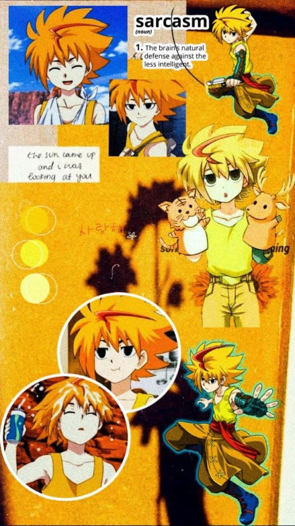 Yellow collage wallpaper of Free De La Hoya from Beyblade Burst Evolution in dynamic poses