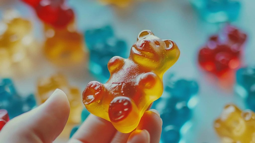 Macro photo of translucent yellow gummy bear held in fingers with colorful candy background Wallpaper