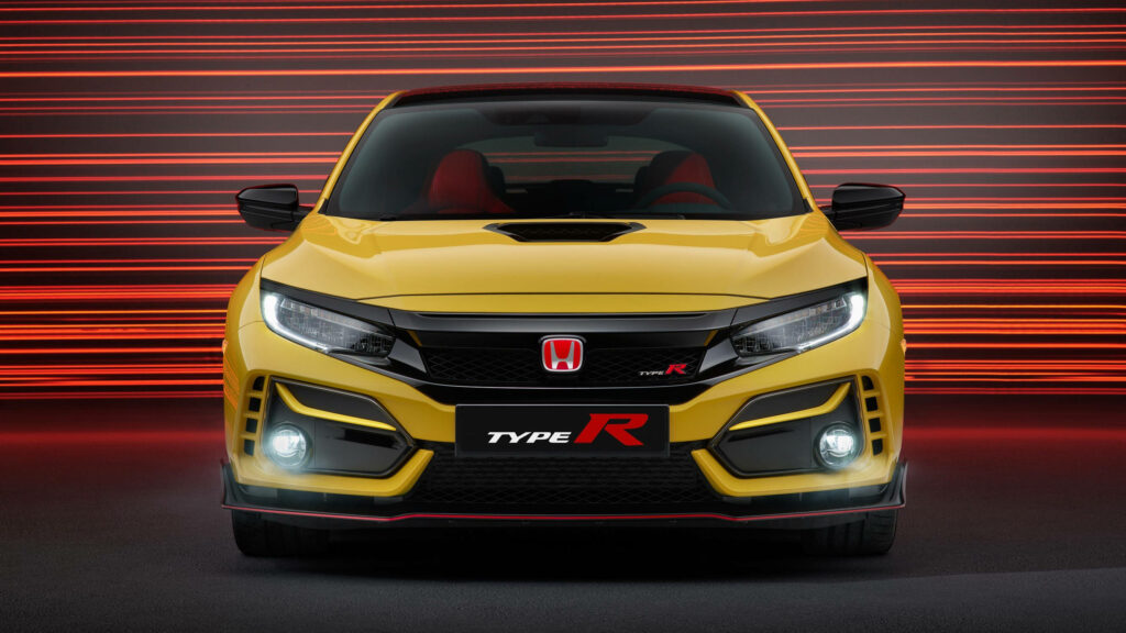 Vibrant yellow Honda Civic Type R in 4K with glowing red lines background sporty design wallpaper