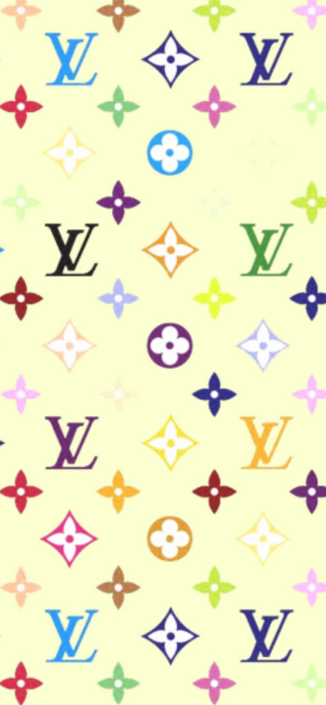 Vibrant yellow wallpaper with colorful Louis Vuitton logos stylish luxury phone background design