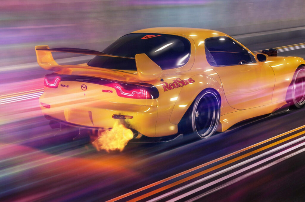 Yellow Mazda RX7 speeding through neon tunnel with exhaust flames showcasing JDM car culture Wallpaper