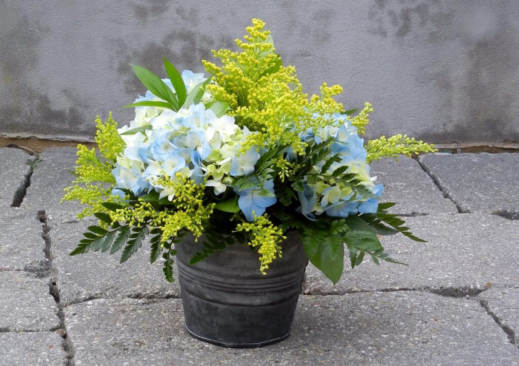 Vibrant Yellow Mimosa & Blue Hydrangeas in Rustic Bucket - Unique Background Wallpaper