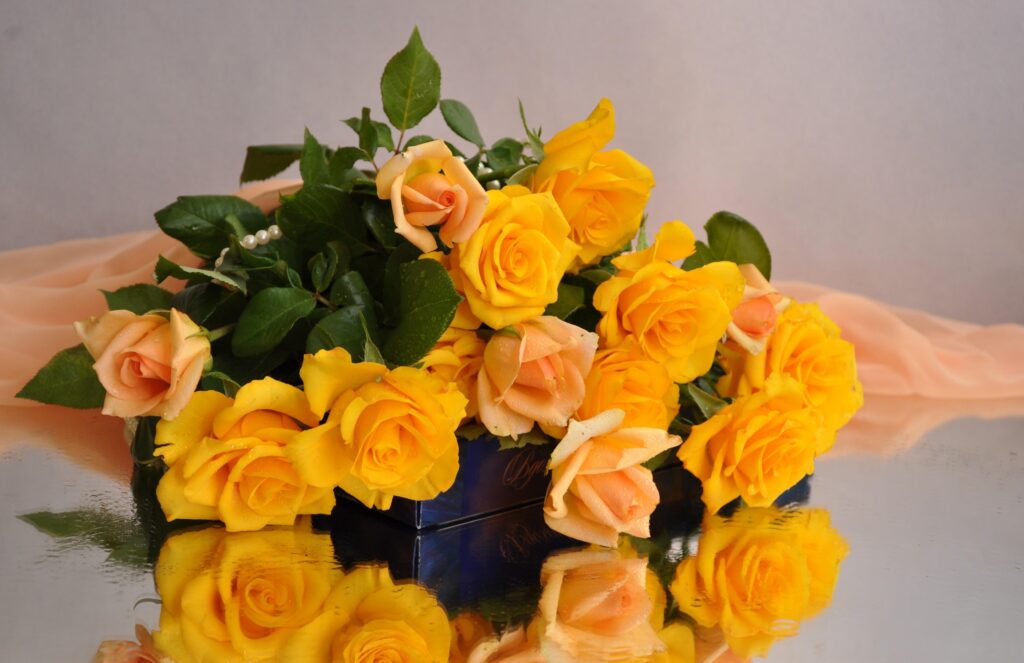 Vibrant Yellow and Peach Roses on Reflective Surface Wallpaper