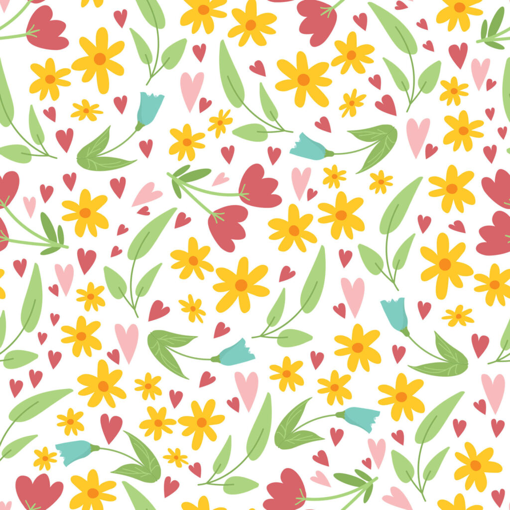 Vibrant Yellow & Red Flower Wallpaper with Colorful Hearts & Leaves