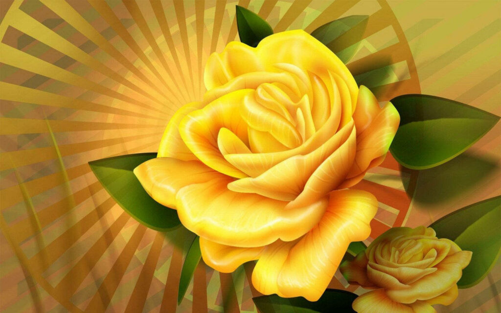 Vibrant Yellow Rose Wallpaper with Dynamic Patterns & Green Leaves