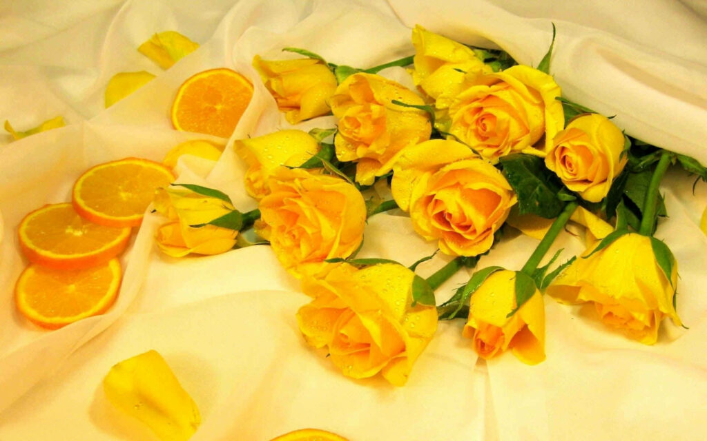 Fresh Yellow Roses & Citrus: Vibrant 4K Wallpaper for Cheerful Vibes