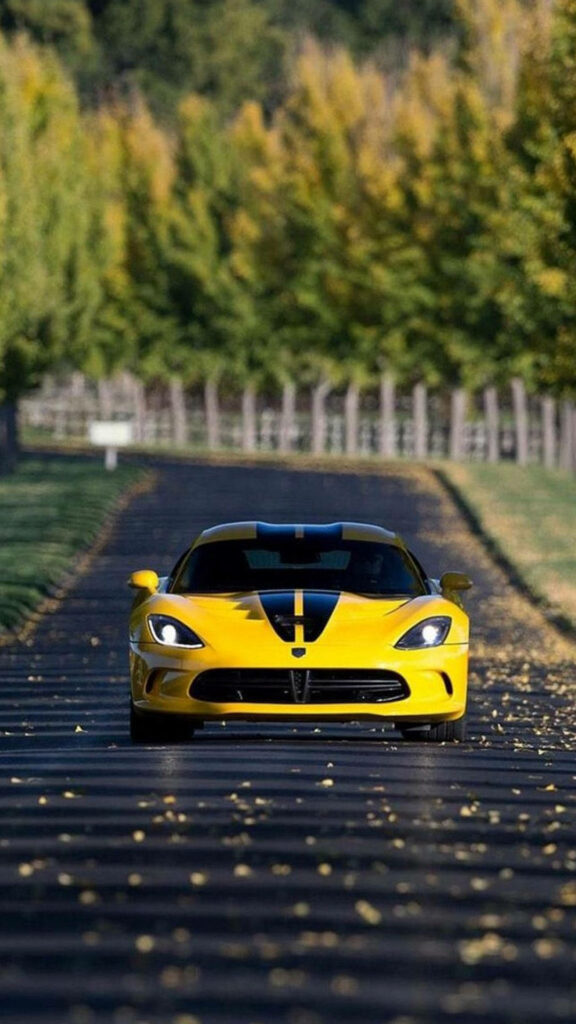 Yellow sports car with black stripes on autumn road with scattered leaves dynamic wallpaper