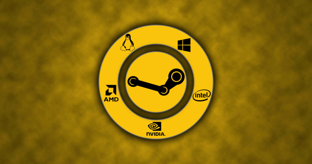 Vibrant yellow Steam platform wallpaper with Steam logo and Windows Linux Intel AMD NVIDIA icons