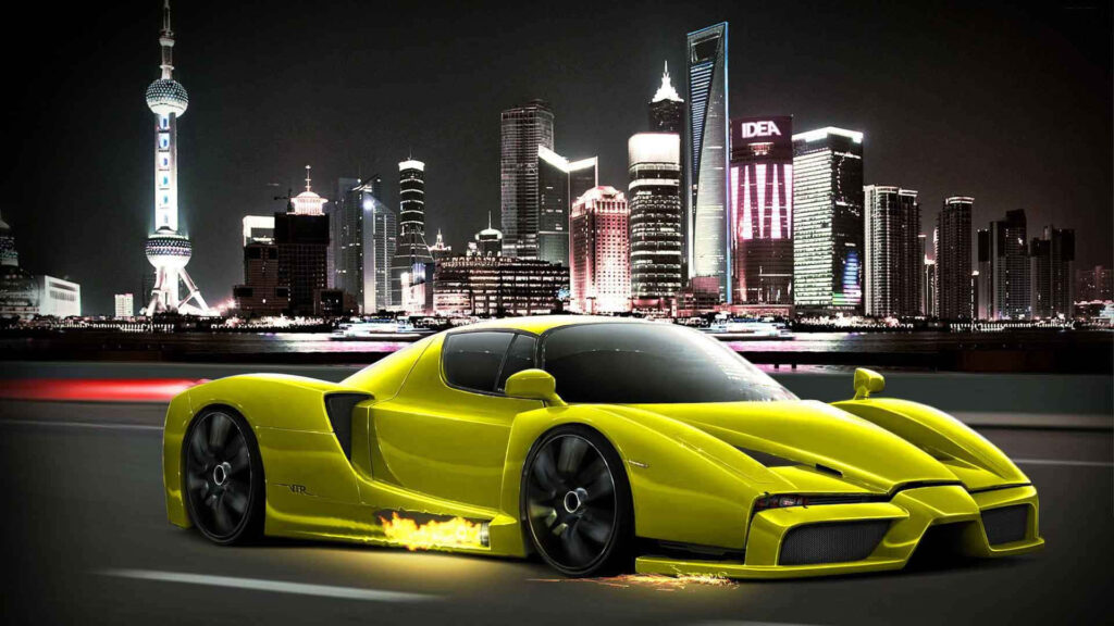 Yellow supercar speeding through city at night with illuminated skyscrapers and sparks flying Wallpaper
