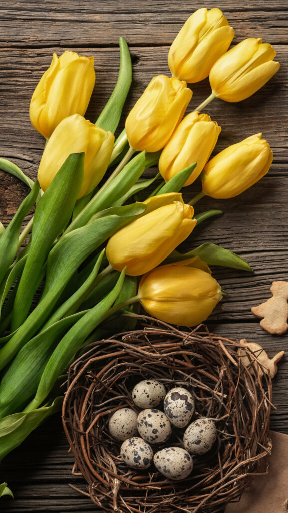 Vibrant Yellow Tulips on Rustic Wood - Easter Charm Wallpaper