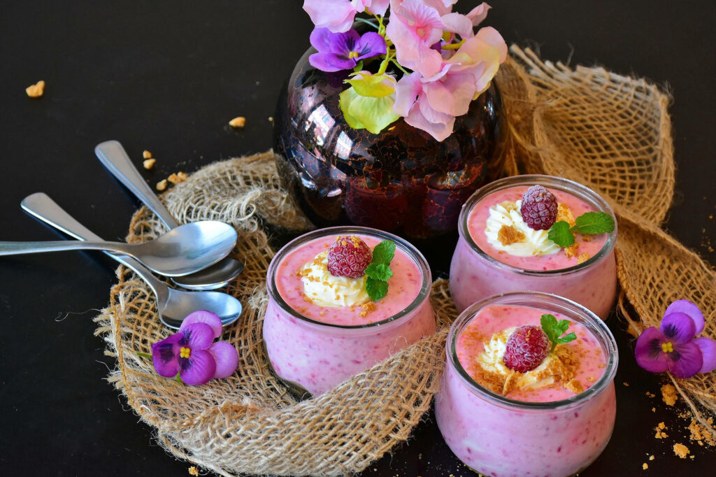 Fresh Yogurt Jars with Raspberries - Rustic Wallpaper Background