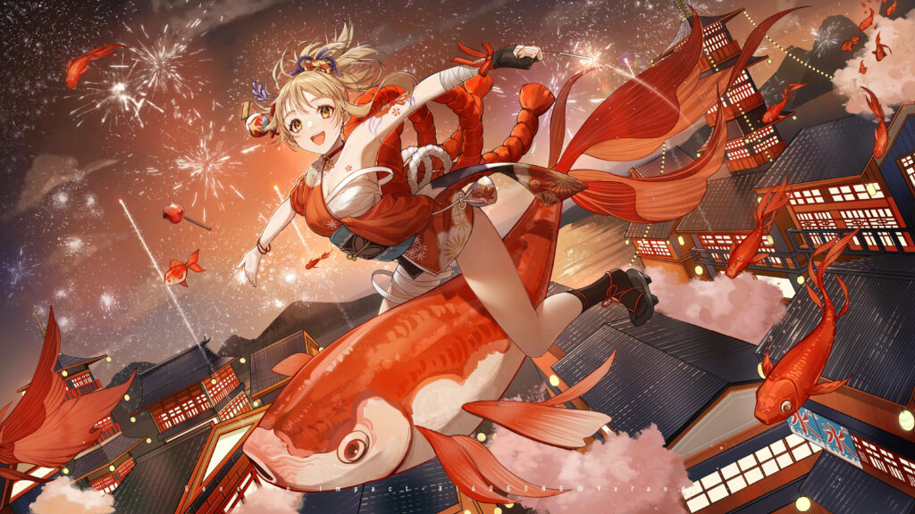 Yoimiya Soaring on Koi Fish: Festive Genshin Impact Wallpaper