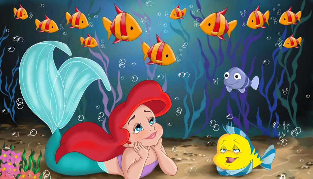 Vibrant Underwater Scene of Young Ariel & Flounder - Wallpaper