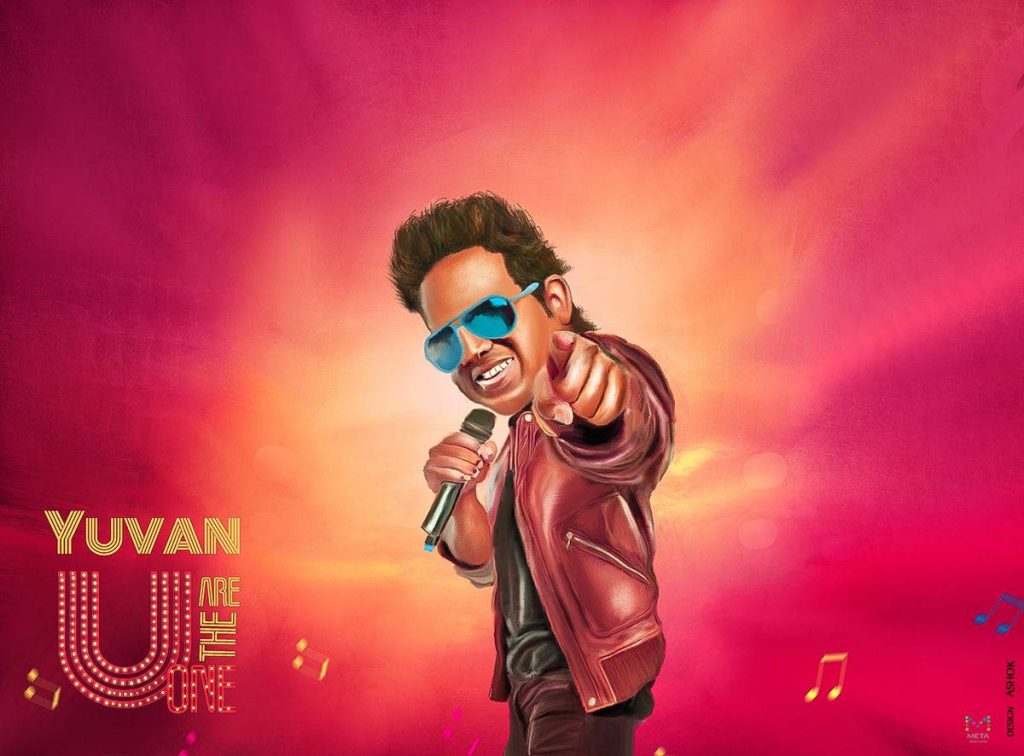 Vibrant digital caricature of music composer Yuvan Shankar Raja with microphone and sunglasses Wallpaper