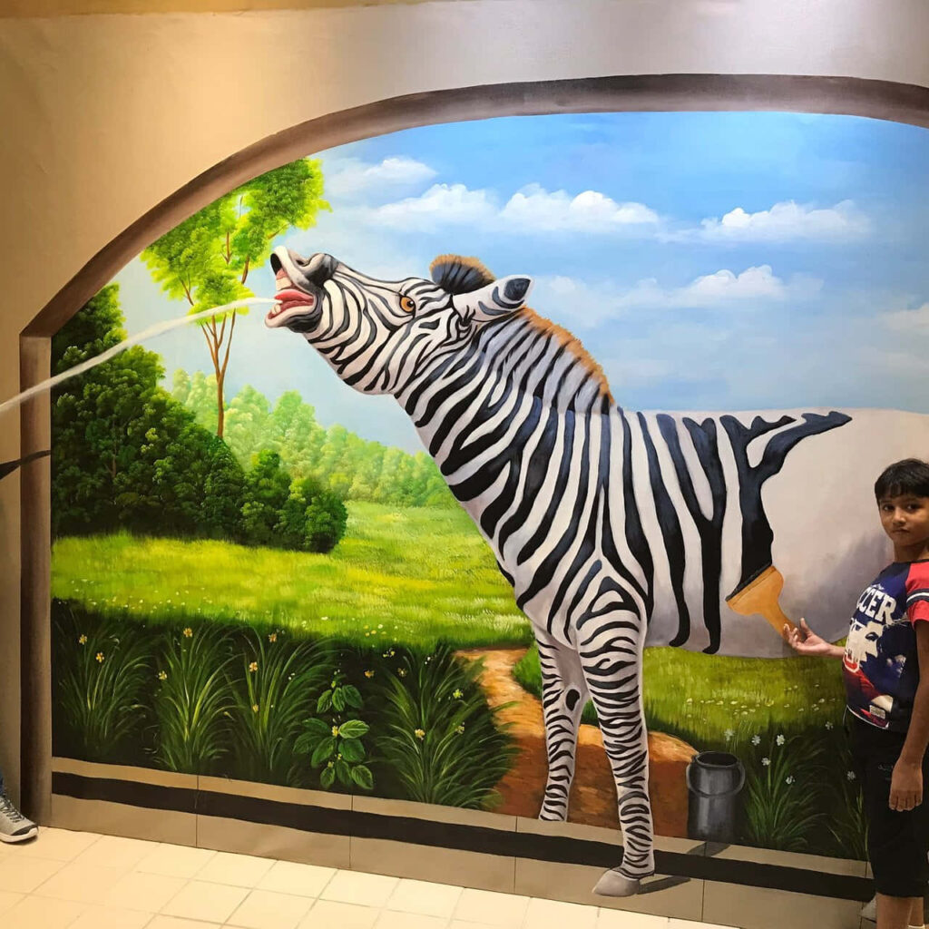 Vibrant Zebra Wallpaper: Child Engages with Scenic Artwork